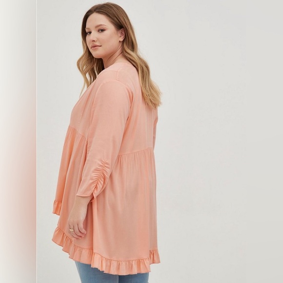 Torrid Coral Pink Ruffle Tunic Duster Sweater Cardigan Size 2X - Picture 3 of 8